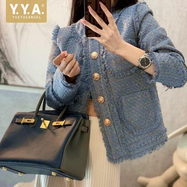 

women's jackets designer o neck tassel plaid short coat women elegant slim fit tweed jacket office ladies single breasted korean style, Black;brown