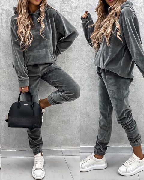 

women clothing winter womens set tracksuit hooded sweatshirt pockets pants suit two piece set outfits sweatsuit xl, Gray