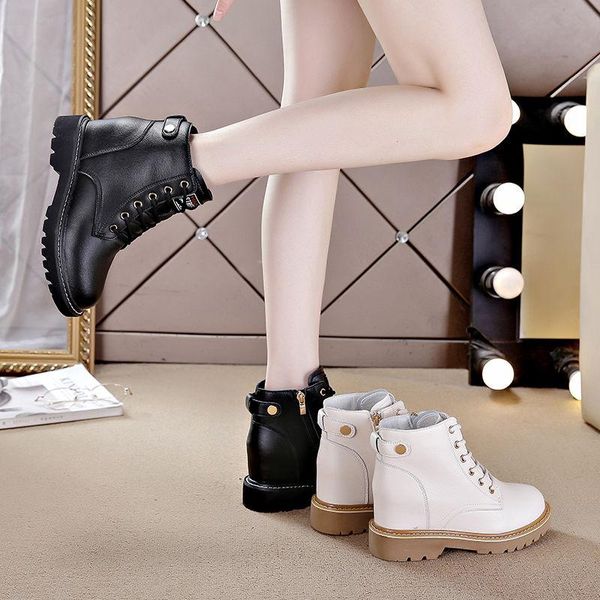 

boots women's inner increase female thick-soled single zipper ankle women shoes botas de mujer flat, Black