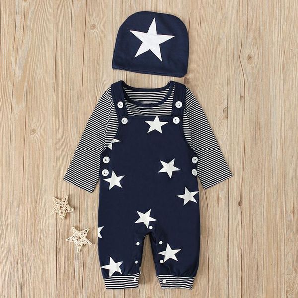 

clothing sets born toddler baby clothes boy star print pattern long sleeve overalls hat 3pcs outfit set infant clothin, White