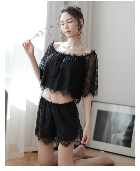 

summer lace off shoulder split vt shorts pajama set lingerie two-piece set, Red;black