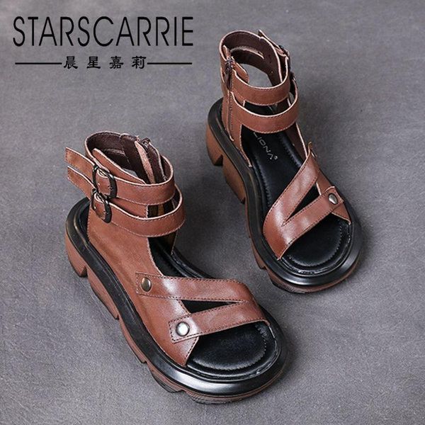 

sandals cool boots 2021 summer leather women's thick sole slope heel flat bottom roman shoes woven large, Black