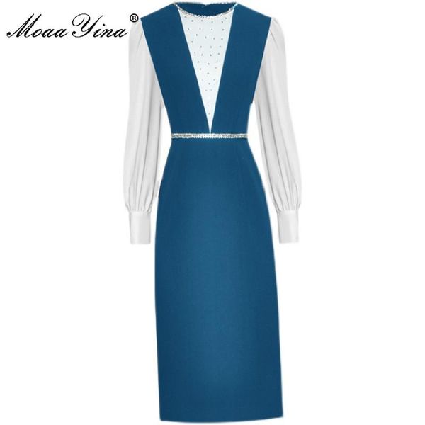 

casual dresses moaayina fashion designer autumn blue dress women's o-neck long sleeve crystal beading elegant office lady midi, Black;gray