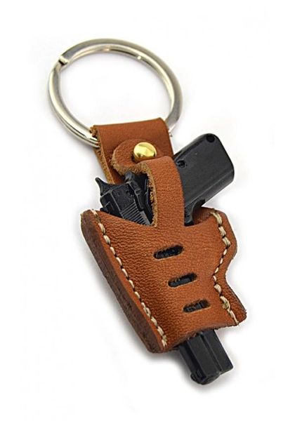 

keychains model pistol keychain (nickel or black gold look) with genuine leather case military metal zinc alloy defense tactic, Silver