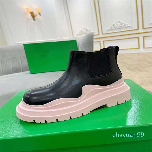 

2021 latest boots women tires up chunky tread sole wavy oversized rubber round toe platform calf leather pull-on ankle boot 35-40 625, Black