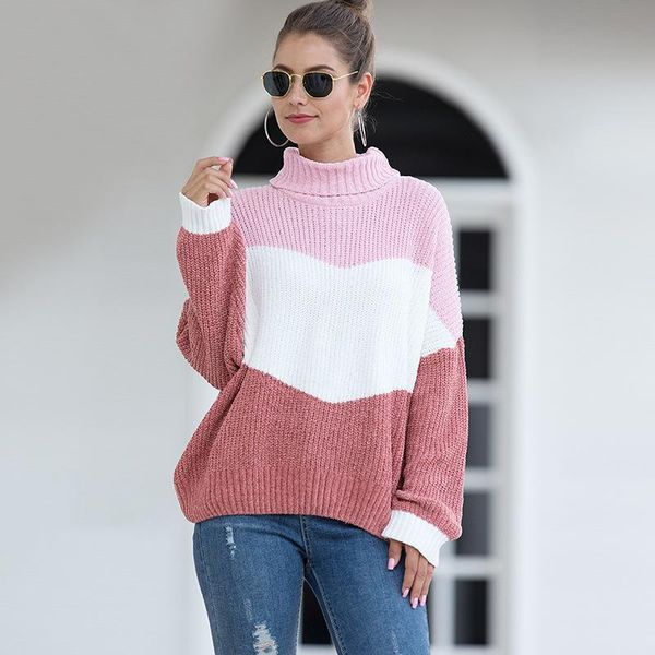 

women's sweaters autumn and winter long sleeve color matching high neck casual loose fit lady knitting sweater, White;black