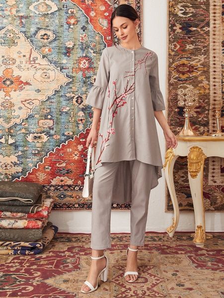 

flounce sleeve high-low hem embroidery detail & pants set i0xm#, White