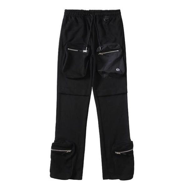 

men's pants high street style multi-pockets joggers patchwork casual sweatpants mens retro drawstring oversized couple overalls trouser, Black