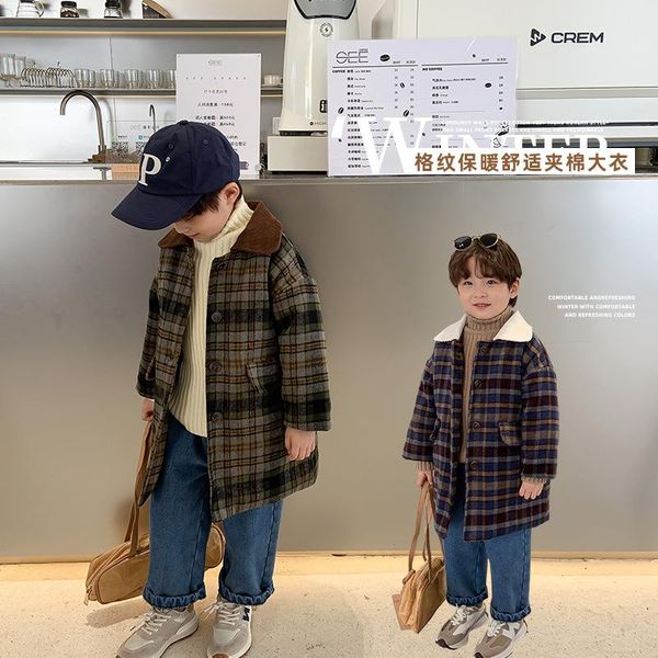 

jackets children korean winter cotton thick plaid coat boys long baby trench tide clothes for girls clothing, Blue;gray