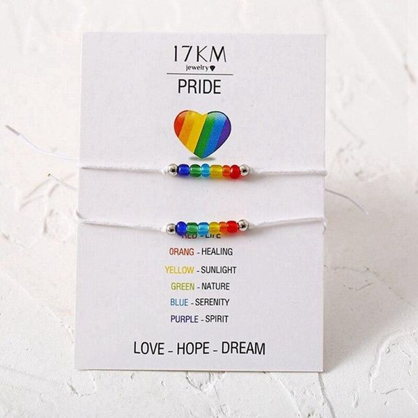 

tennis 2pcs/set mixed rainbow glass beads rope bracelet string friendship beaded card gay lesbian wish gift couple pride lucky jewelry, Golden;silver