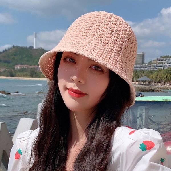 

wide brim hats women summer hollow out straw breathable uv protection hat outdoor beach sun sunhat foldable bucket, Blue;gray