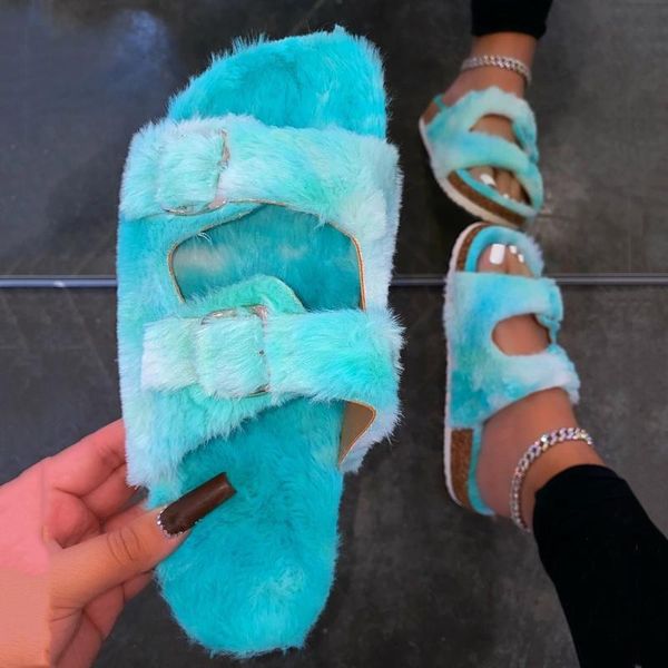 

slippers plush women 2021 rainbow fur slides platform shoes summer sandals buckle slip on claquette femme, Black