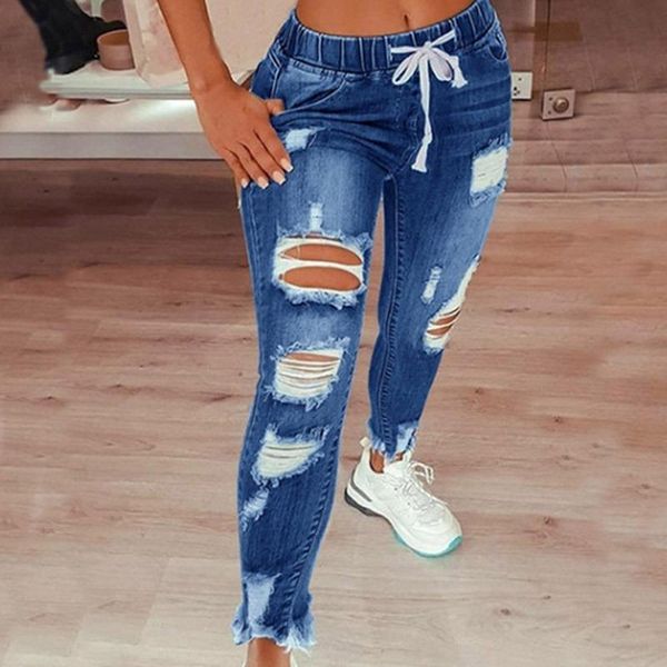 

women's jeans elastic waist drawstring denim for women ripped hole stretch jean ladies plus size pencil bandage long pants, Blue