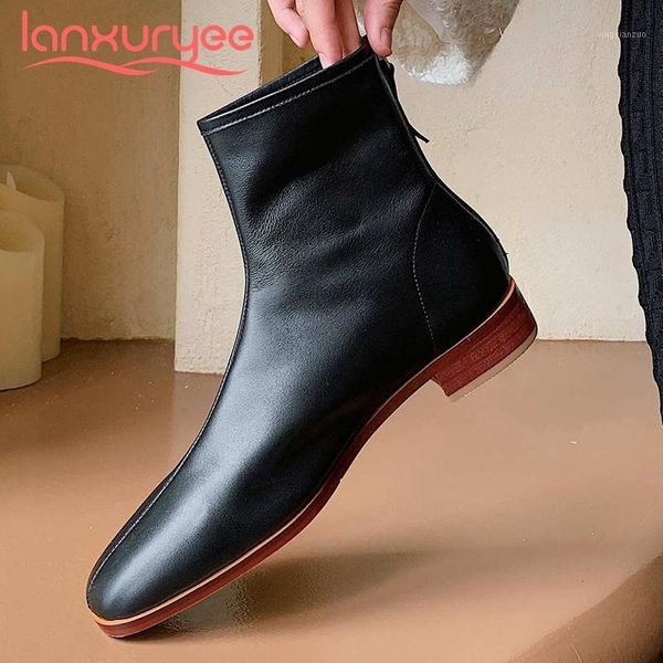 

boots lanxuryee leisure genuine leather three colors convenient round toe thick low heel back zipper daily wear maiden ankle l851, Black