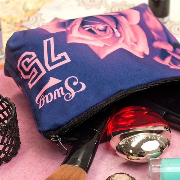 

the rose print cosmetics bag fashion women clutch makeup brush storage portable travel zipper toiletry mobile bag purse storage