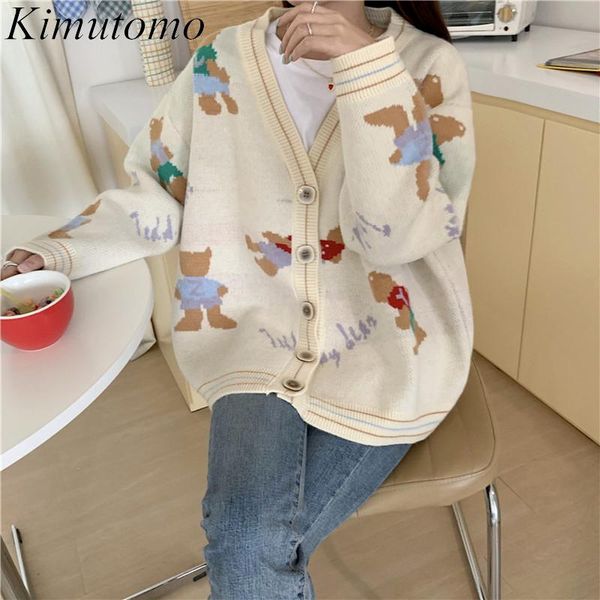 

women's knits & tees kimutomo cute cartoon bear women sweater french style autumn 2021 korea fashion ladies v-neck long sleeve cardigan, White