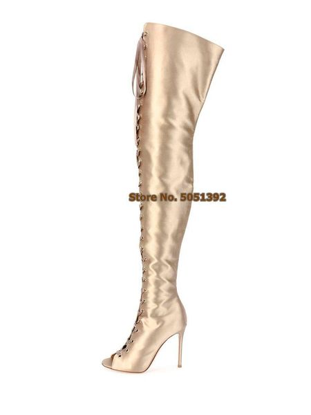 

boots women gold over-the-knee peep toe cross-tied lace-up high thin heel shinning nightclub fashion show satin long, Black