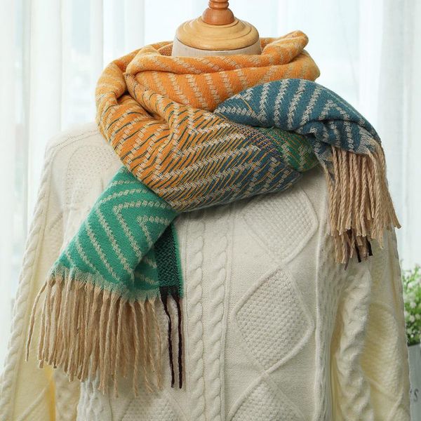 

scarves autumn and winter imitation cashmere scarf women's warm shawl herringbone gradient, Blue;gray