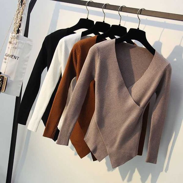 

women's knits & tees korean long sleeve split v-neck women knitted sweater casual slim irregular pullover basic fashion jrxn, White