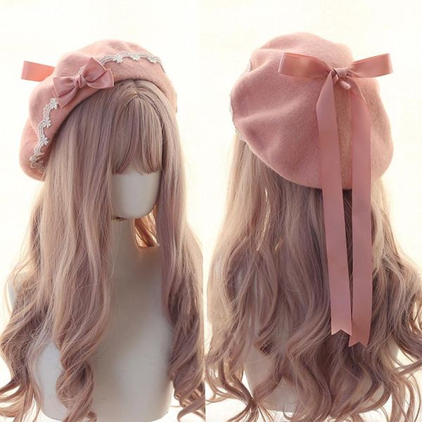 

berets lolita girls cute bowkont beanie women casual beret hat painter artist cap dome pink solid color decorate wholesale, Blue;gray