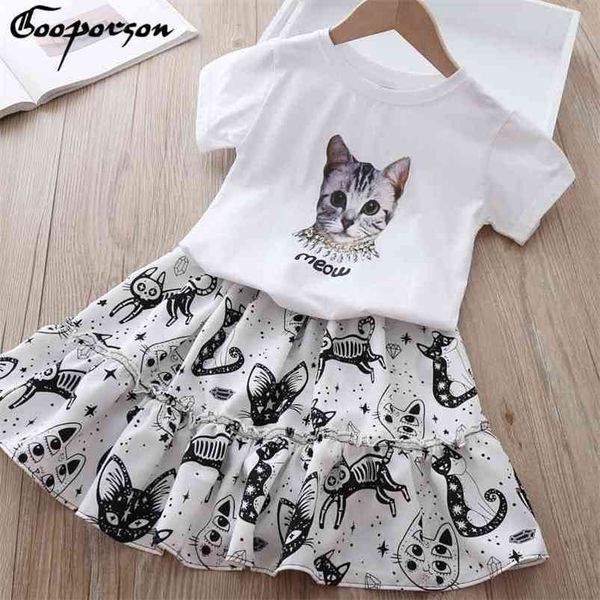 

gooporson girls ruffle outfits summer fashion cartoon cat printed skirt little girl clothing set cute outfits cute costume 210715, White