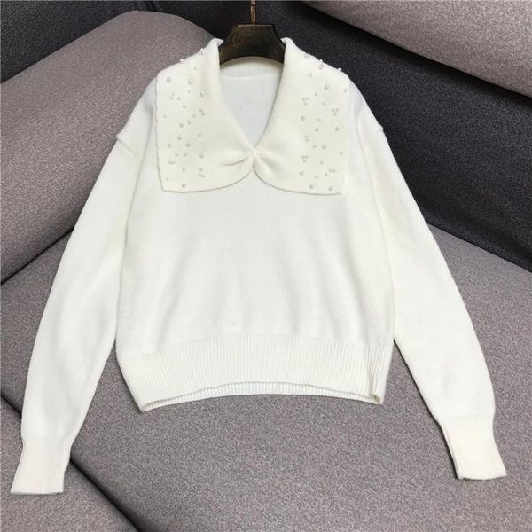 

women's sweaters sweater women 2021 heavy industry pin bead big lapel fashion loose knit 1105, White;black