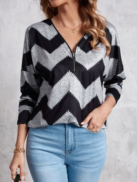 

half zip chevron print drop shoulder tee 58ig#, White