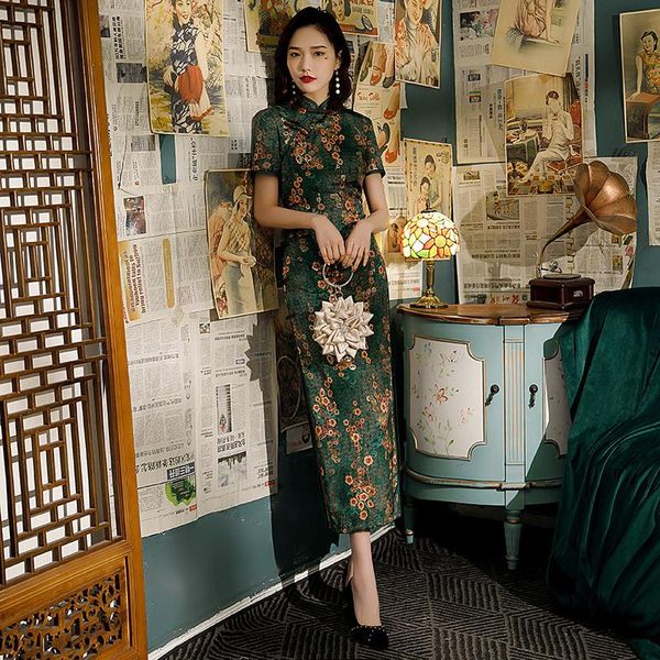 

ethnic clothing woman traditional elegant green floral print high split qipao women chinese cheongsam robe bodycon dresses, Red