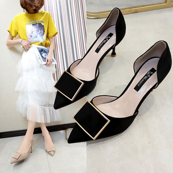 

sandals primavera nova moda botÃ£o quadrado menina salto alto fino net vermelho preto francÃªs apontou sapatos femininos eabo, Black