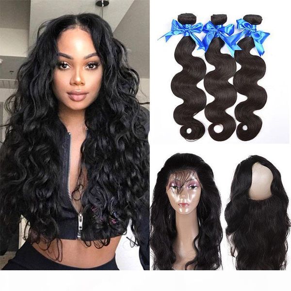 

360 full lace frontal closure with 3 bundles brazilian virgin human hair weaves bundles body wave brazilian wavy remy hair extensions, Black