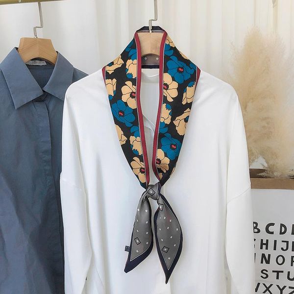 

scarves korean decorative printing simulation silk scarf long sharp corner flower pattern female professional, Blue;gray
