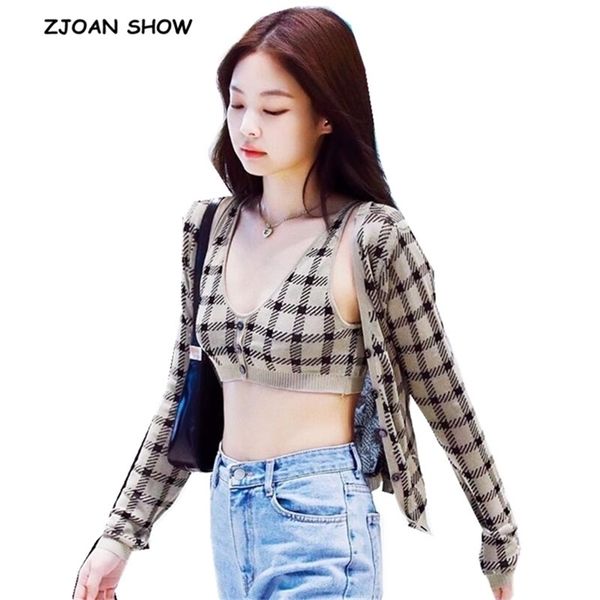

1 set autumn korea style vintage check gingham plaid cardigan v neck single-breasted button tank knitted sweater jumper 210812, White;black