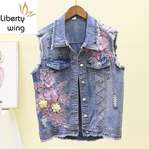 

women's vests spring beading hole ripped embroidery flower vest women fashionable slim denim sleeveless jacket female coat waistcoat bl, Black;white