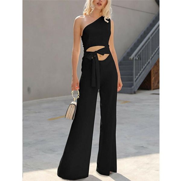 

women's jumpsuits & rompers women summer one-shoulder jumpsuit 2021 hollow out clubwear solid color playsuit bodycon party romper long, Black;white