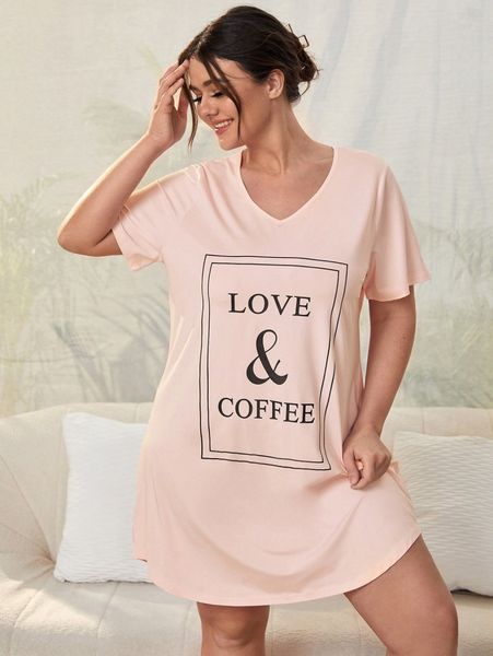 

plus letter graphic v-neck night dress e2dv#, Black;white