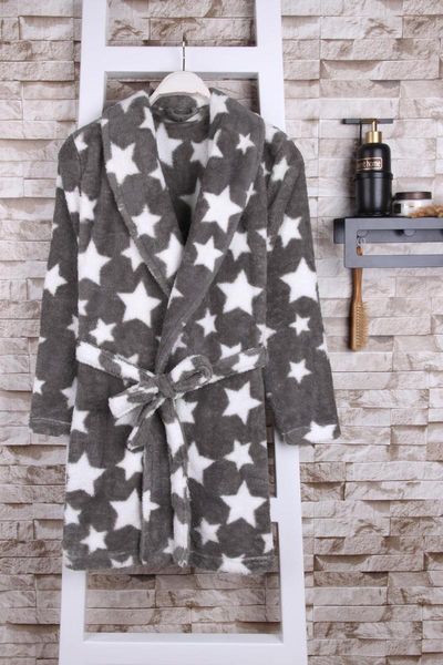 

women's sleepwear 100% polyester star patterned dressing gray robe gown, Black;red