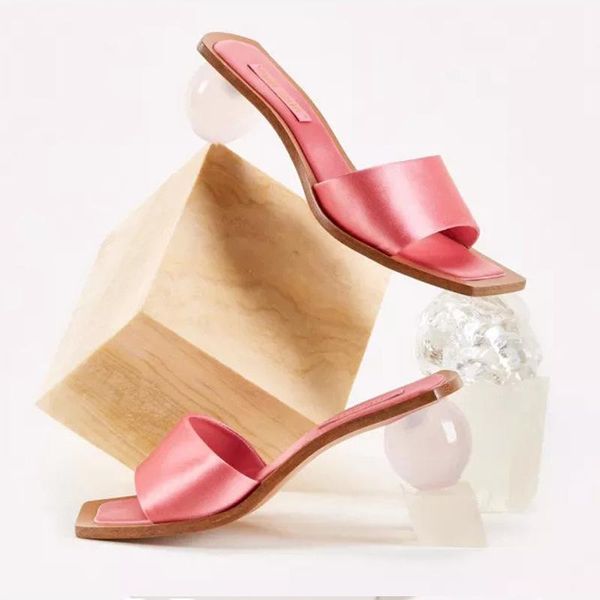 

slippers transparent perspex clear crystal round ball heel women summer mules slides square toe shoes yuik8, Black