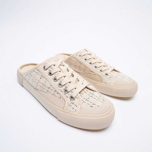 

za2021 new women's shoes light beige lace up exposed heel casual sneakers 12831810002 canvas slippers, Black
