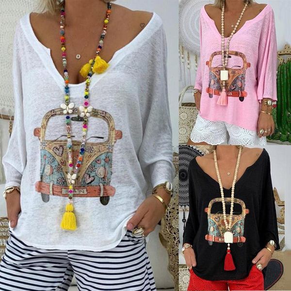 

women fashion cartoon car print long sleeve deep v neck blouse shirt, White