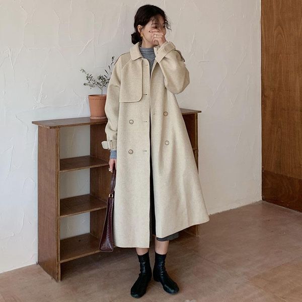 

women's trench coats double-sided cashmere coat female 2021 korean version loose thin outerwear long woolen autumn winter a750, Tan;black