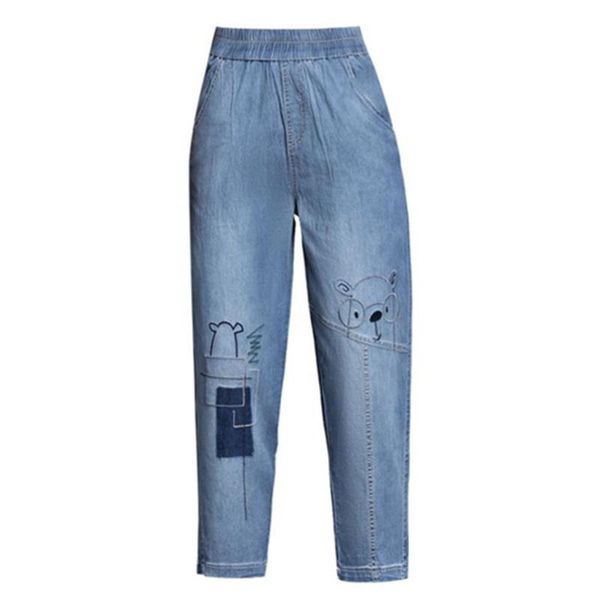 

women's jeans spring fall fashion women embroidery scratches ankle length office lady elastic waist blue casual harem denim pants
