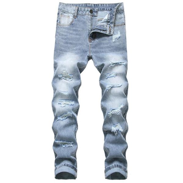 

men's jeans ripped holes denim ruined non-stretch pants straight fashion, Blue