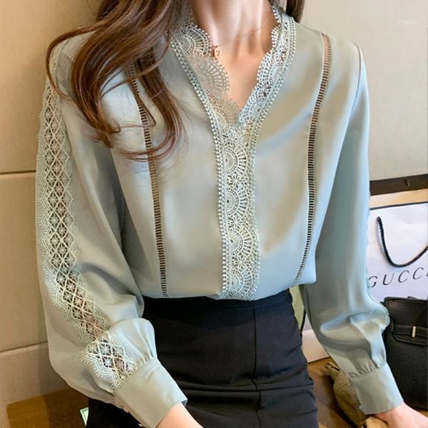 

women's blouses & shirts spring autumn fashion women blouse casual lace chiffon shirt v neck long-sleeved hollow out, White