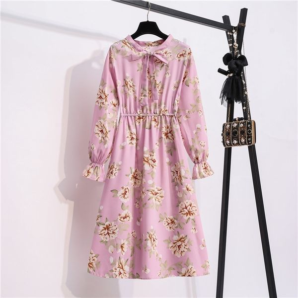 

floral print women autumn winter chiffon dress bow collar long sleeve casual slim vintage party dress elastic waist vestidos 210316, Black;gray