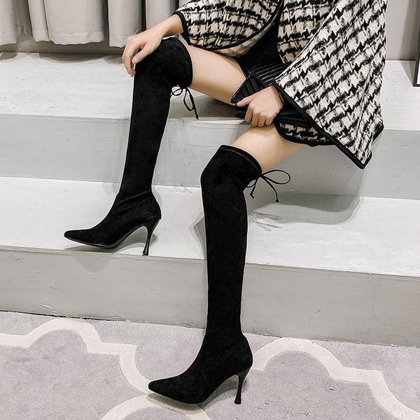 

boots 2021 winter over the knee women stretch fabrics high heel slip on shoes pointed toe woman long size 34-43 heels, Black
