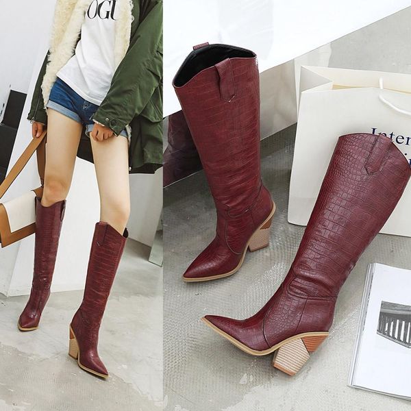 

boots women knee high western cowboy for long winter female shoes pointed toe cowgirl zapatos de mujer ri9k, Black