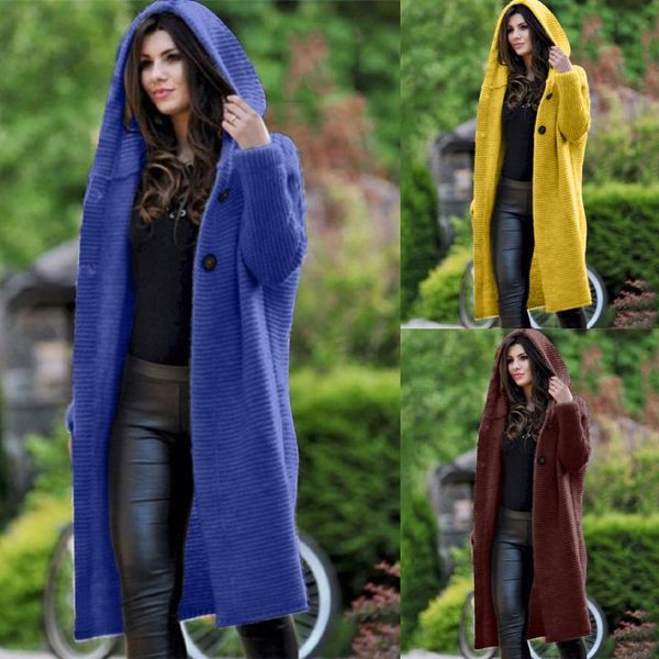

women's wool & blends cardigan women plus size solid color long sleeve braid knit outwear jacket femme hooded sweater coat, Black