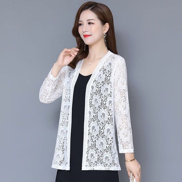 

women ladies white lace summer cardigan loose long sleeve hollow black crochet female blouse shirt plus size l-5xl kdux, Black;gray