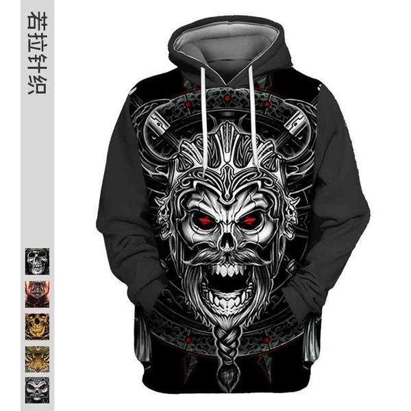 

autumn new 3d printed men's hooded sweater trendy skull hoodie jacket, Black