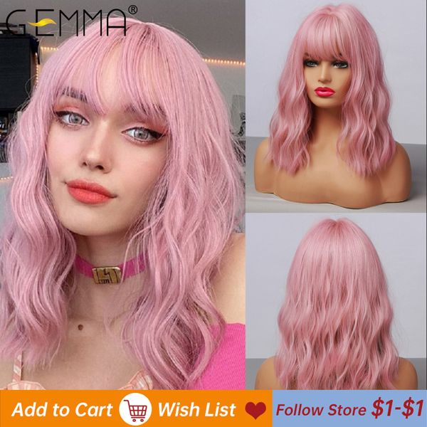 

medium wavy synthetic wig with bangs for black women african american natural pink bob lolita cosplay heat resistant hair